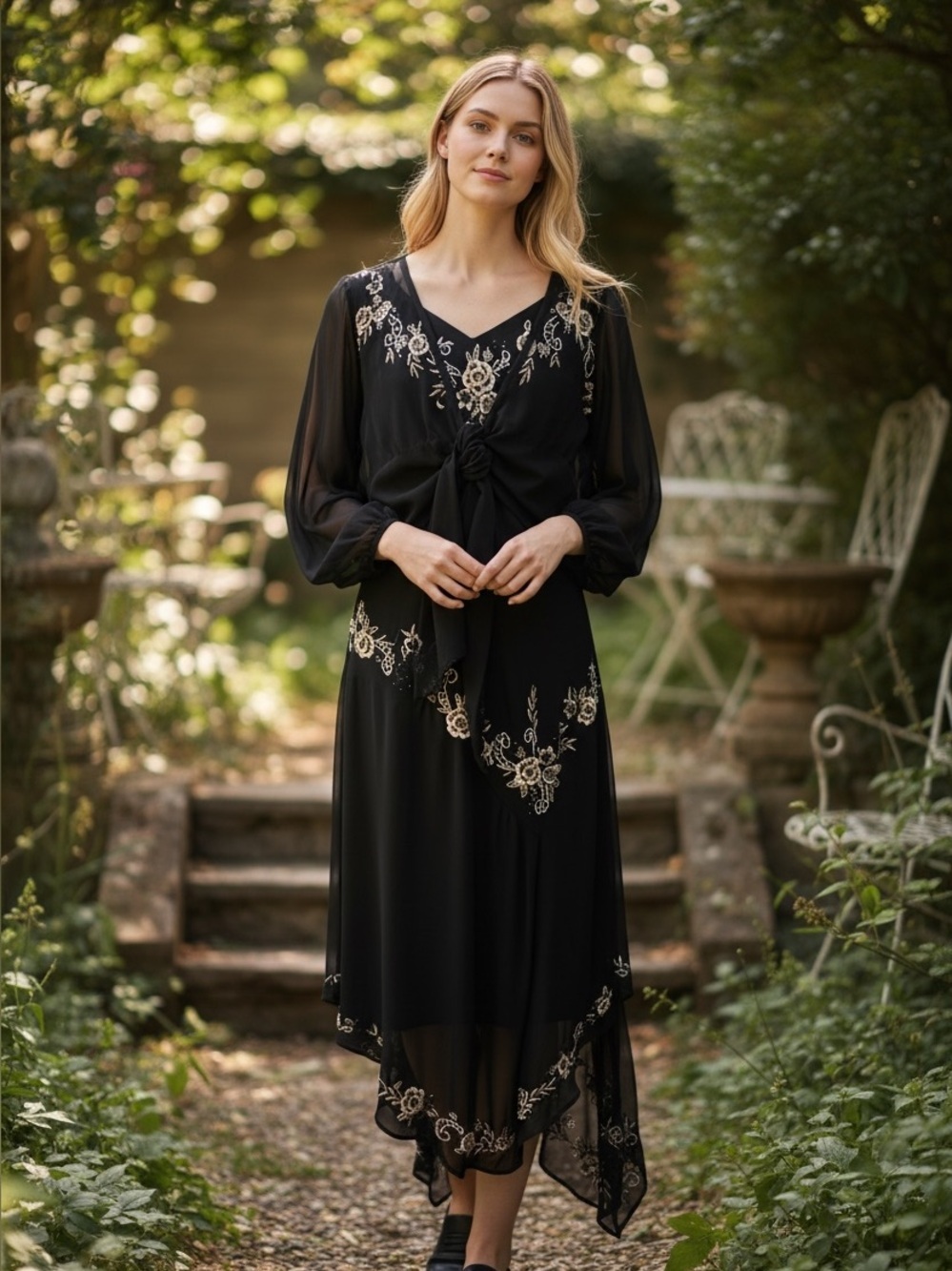 Vintage Bellessa 2 Pc Embroidered Dress & Sheer Tie Cardigan Set Black Size L